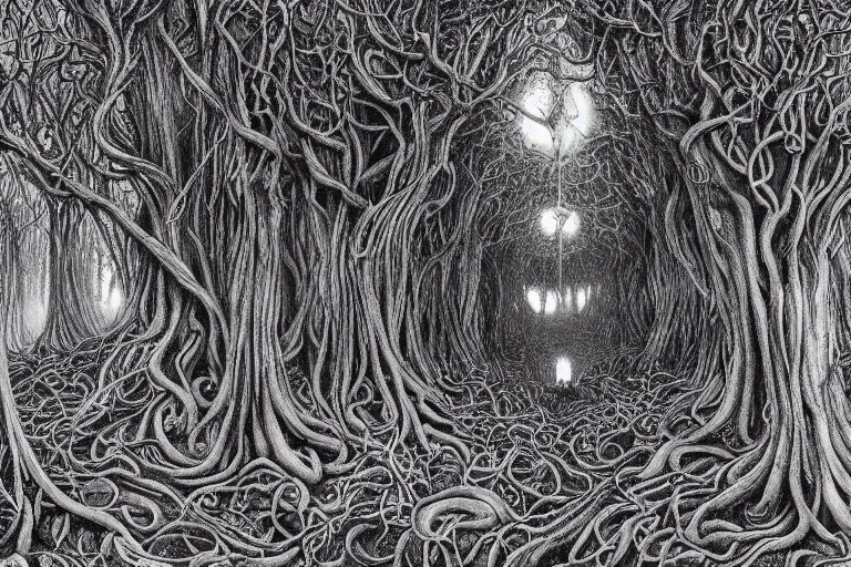 Prompt: an eerie insanely detailed forest of the soul, eyes of strange creatures hiding in the dark waiting to devour, snakes and vines and cobwebs and old trees, a glimpse of hope, ink and ballpoint, inspired by claire scully and evan cagle and simon prades