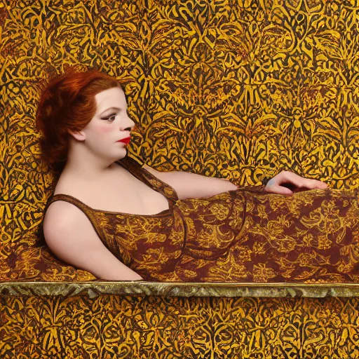 Image similar to preraphaelite photography reclining on bed, a hybrid of judy garland and lady gaga, aged 2 5, big brown fringe, yellow ochre ornate medieval dress, william morris, 4 k