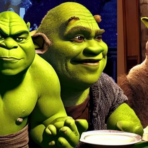 Image similar to shrek, hulk and yoda eat dinner together