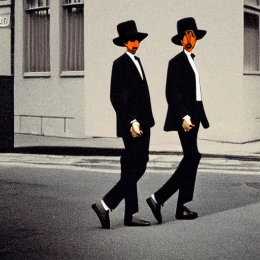 Prompt: wide-shot low angle of empty animated formal suits walking down the street, polaroid photo, by Andy Warhol, by Rene Magritte