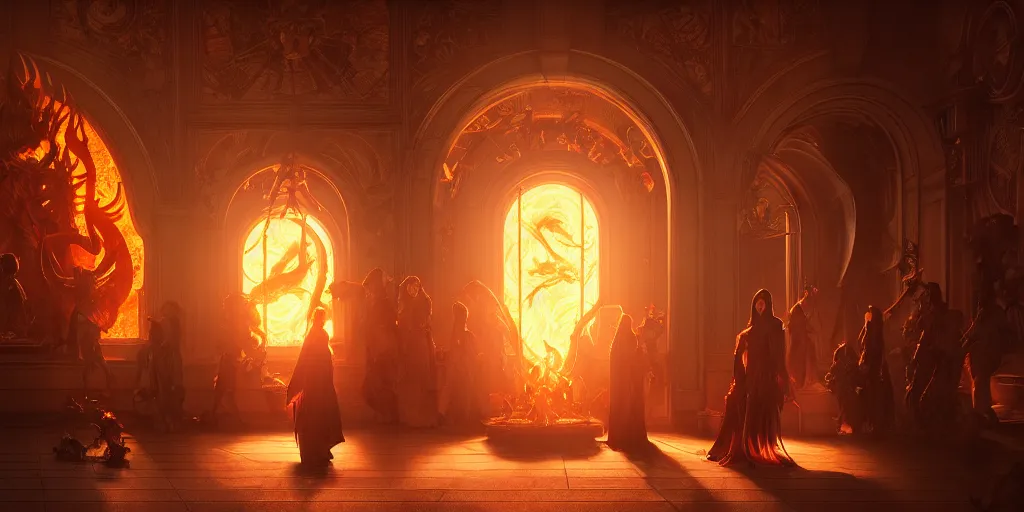 Image similar to ultra realistic, artstation, concept art, natural lighting, by artgerm and greg rutkowski and alphonse mucha and wlop, demons, fire, hell interior with surrounded archways. rendered in octane render with photorealistic lighting, 8 k, hd