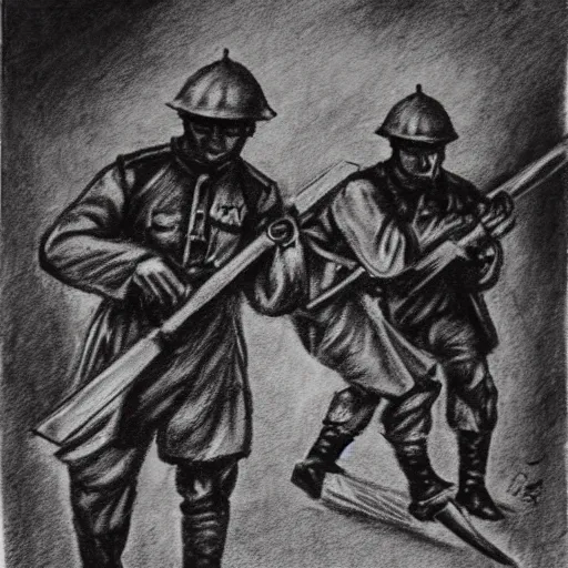 Image similar to charcoal sketch of german WW1 soldiers fighting zombies with flame throwers