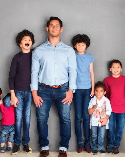 Image similar to a man with five children protecting his pair of jeans and screaming