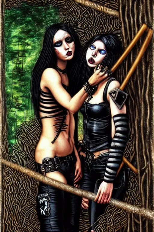 Image similar to punk rock girls kissing and making selfie with black cats in jungle , 1980 style, mad max jacket, post apocalyptic, Cyberpunk, renaissance, Gothic, mystic, highly detailed, 4k, fog, oil painting on canvas by Leonardo Da Vinci, hyper realistic style, fantasy by Olga Fedorova