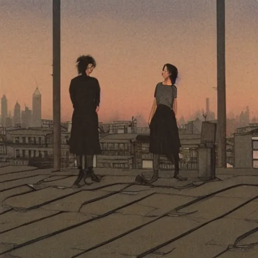 Prompt: a small rooftop with a couple of modern teenagers, standing and talking to each other, highly detailed, wearing black modern clothes, modern shanghai bund is on the background, dust, sunset, by gregory crewdson, carlos schwabe