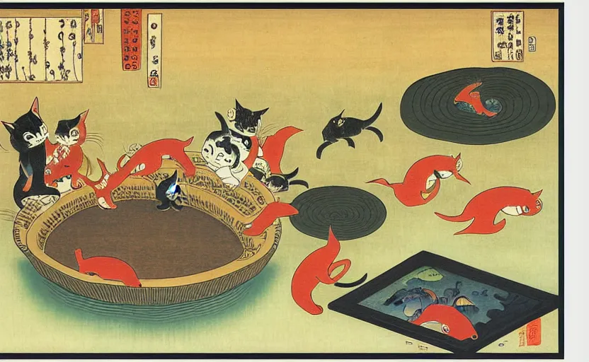 Prompt: business dashboard with time series charts, pie plots and other modern graphics, with small creatures swimming on it. diego rivera ( in ukiyo - e style ). ravi supa. cat