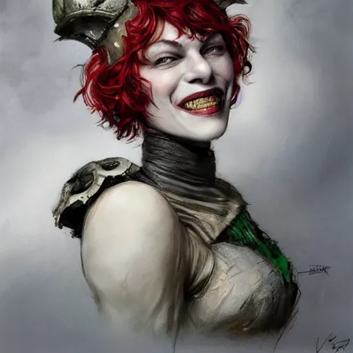 Prompt: joker as an attractive young smiling woman played by milla jovovich wearing a mushroom crown and heavy armoured wedding dress, face portrait, hd shot, digital portrait, elegant, beautiful, fantasy art, artstation, comic style, by artgerm, guy denning, jakub rozalski, magali villeneuve and charlie bowater