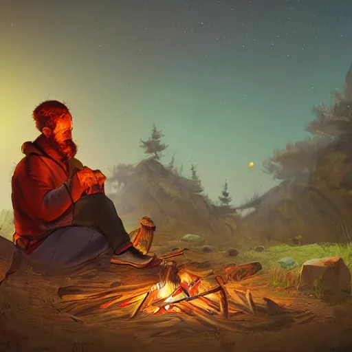 Prompt: Nomadic trader, sitting by a campfire, night, digital art, 4k, trending on artstation