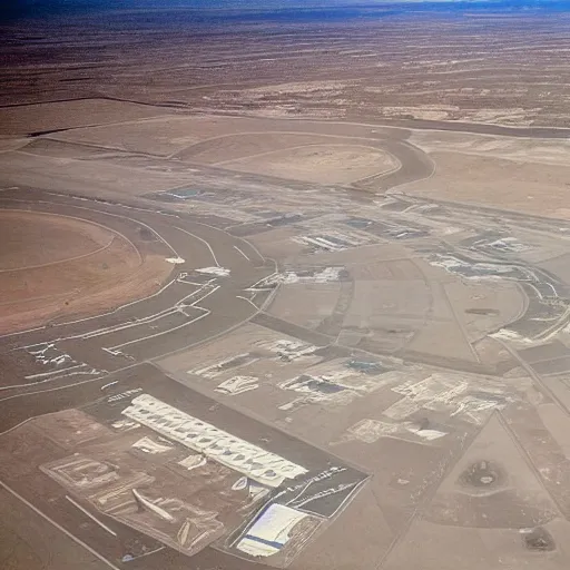 Prompt: aerial view of area 51 with space ships on the ground