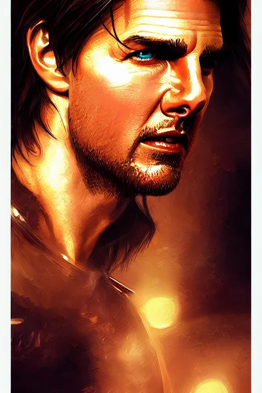 Prompt: Portrait of a tom cruise as a swordsman with long hair, elegant, photorealistic, highly detailed, artstation, smooth, sharp focus, gold ornaments, neon lighting, sci-fi, art by Klimt