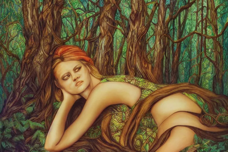 Prompt: a beautiful girl relaxing in the forest by amanda sage, portrait,