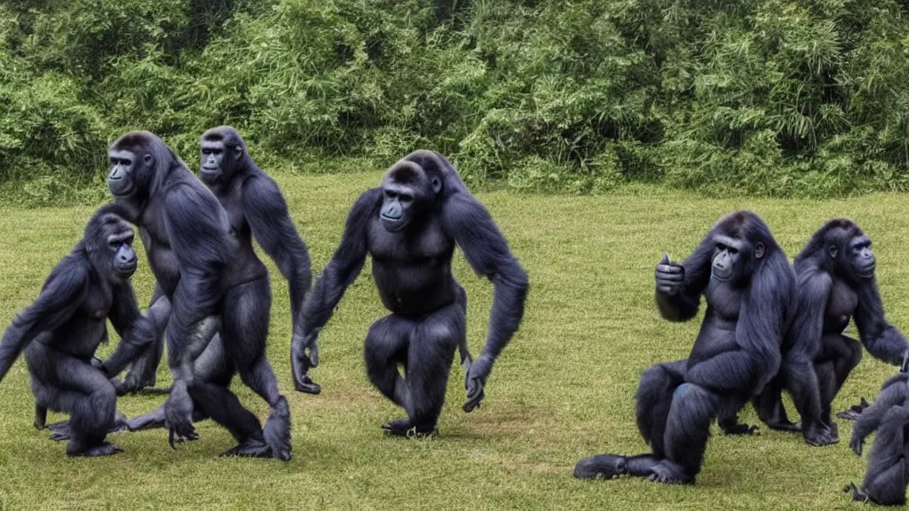 Prompt: gorillas using vr headset playing soccer, vivid