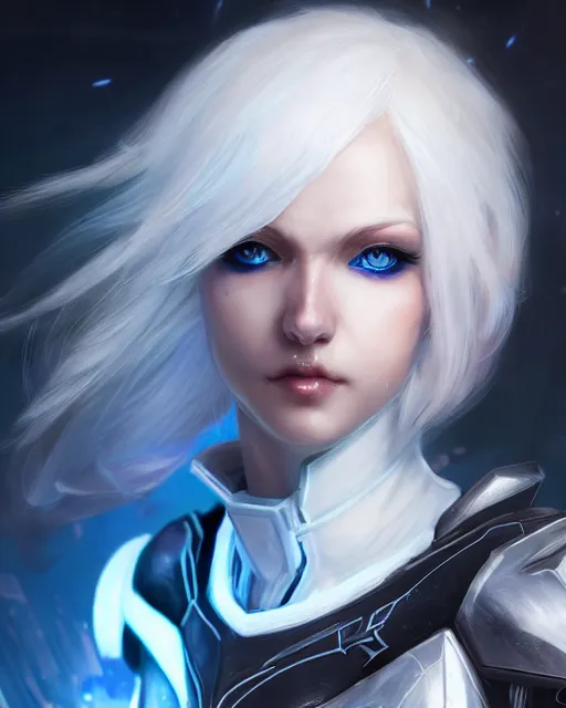 Image similar to perfect white haired girl, warframe armor, beautiful, pretty face, blue eyes, detailed, windy weather, scifi, platform, laboratory, experiment, 4 k, ultra realistic, epic lighting, high detail, masterpiece, by akihito tsukushi, charlie bowater, ross tran