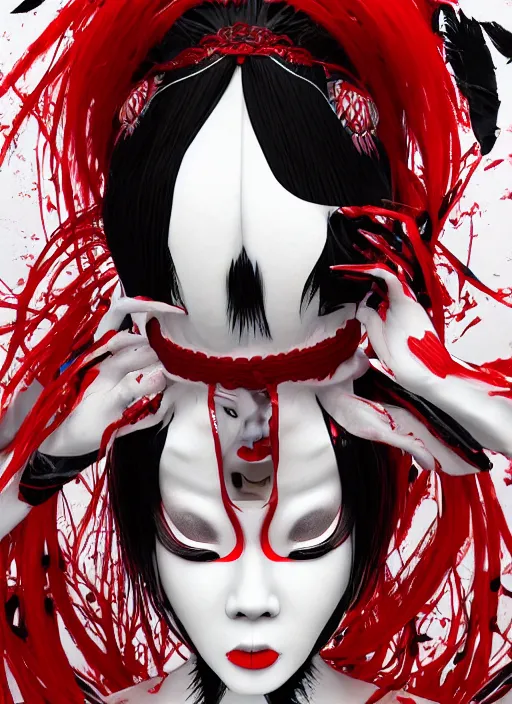 Prompt: albino maiko horror contortionist, red white and black, concept art, ambient light, 4 k, intricate details, highly professionally detailed, cgsociety, highly detailed -