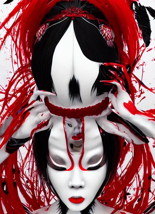 Image similar to albino maiko horror contortionist, red white and black, concept art, ambient light, 4 k, intricate details, highly professionally detailed, cgsociety, highly detailed -