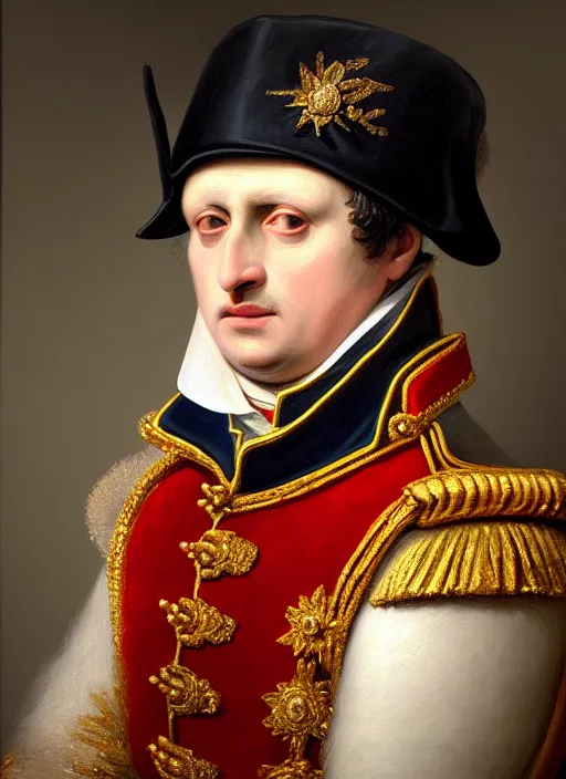 Prompt: portrait of napoleon bonaparte emperor of france age 8 5, detailed realism face in painting, detailed beautiful portrait, oil painting masterpiece, 8 k resolution, smooth, sharp focus, trending on artstation, by rembrandt