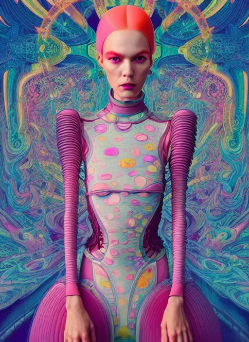 Image similar to pretty futuristic model with hallucination mushroom : : by martine johanna and simon stalenhag and chie yoshii and casey weldon and wlop : : ornate, dynamic, particulate, rich colors, intricate, elegant, highly detailed, vogue, harper's bazaar art, fashion magazine, smooth, sharp focus, 8 k, octane render,