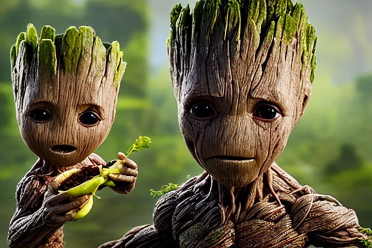Prompt: an ultra realistic, cinematic headshot portrait, of baby groot, eating a whole banana, background of a vast serene landscape, with trees and rivers, detailed, deep focus, movie still, dramatic lighting, ray tracing, by michal karcz and yoshitaka amano