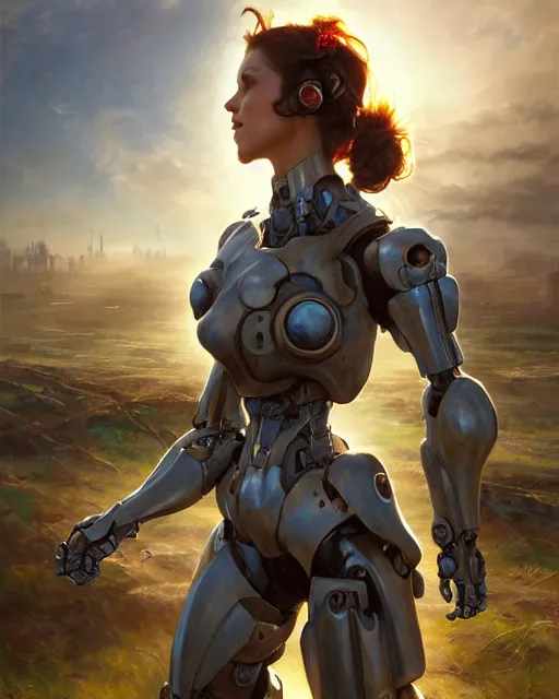 Image similar to daniel gerhartz and artgerm full portrait digital rococo painting of a beautiful serious woman wearing a mecha suit, war torn battlefield in the background, glinting sunlight, unreal engine, hyper realism, realistic shading, cinematic composition, blender render, octane render, hdr, detailed textures, photorealistic, wide shot, 3 5 mm film