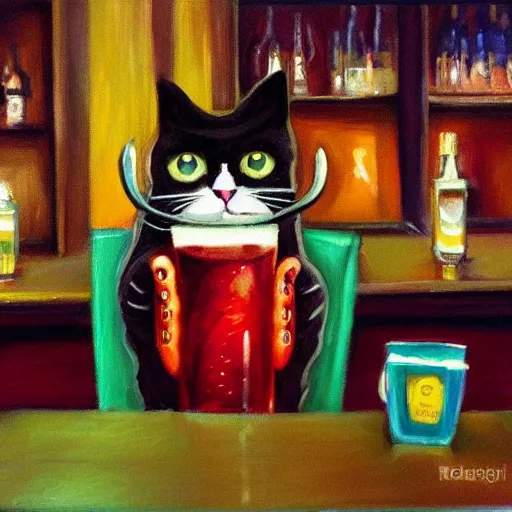 Prompt: a sleepy cat investigator orders a pint at the local Irish pub, colorful, oil painting in the style of Tim Burton,