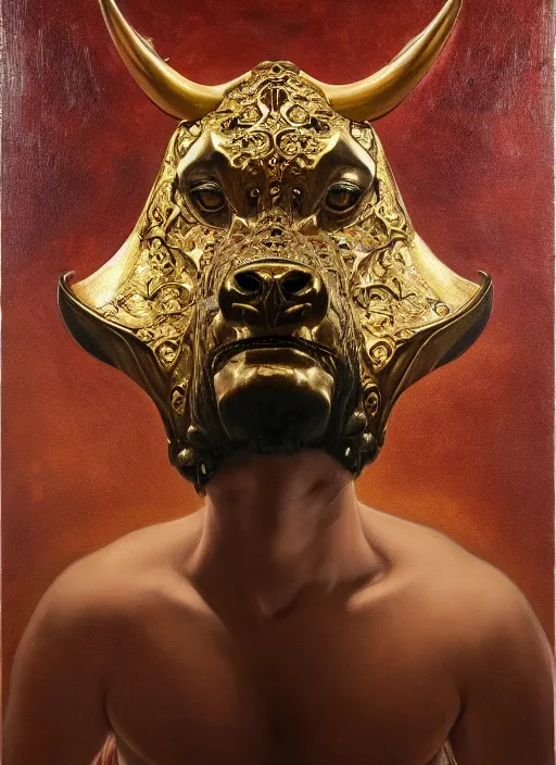 Image similar to highly detailed oil painting | very intricate | cinematic lighting | award - winning | the bull mask by alexander mcqueen, 9 0 mm | by roberto ferri, by leng jun, by j. c. leyendecker and klimt, american romanticism, by austin osman spare, artstation, cgsociety, official art, octane