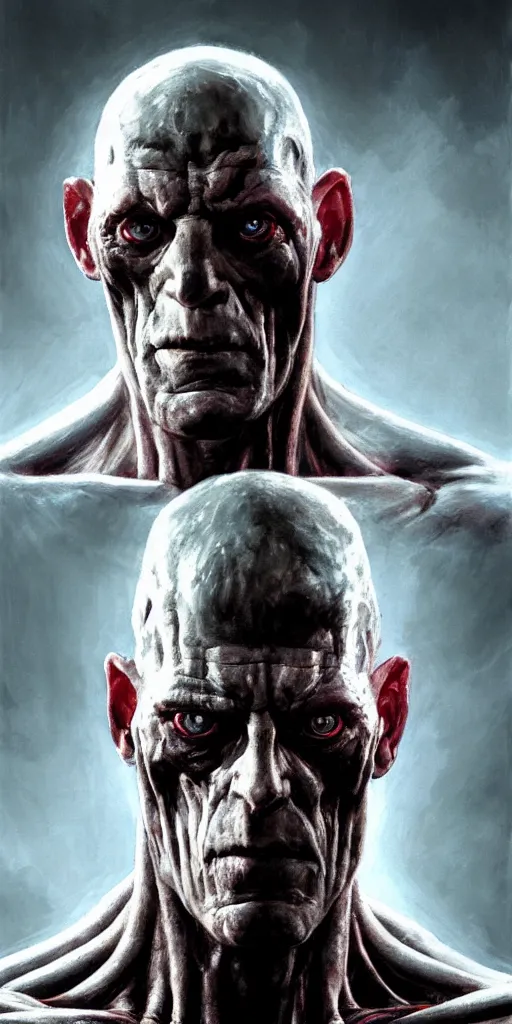 Image similar to michael berryman as victor stone, full body concept, cyborg, borg, strogg, face of a man, terminator, flesh, quake strogg, doom demon, wolfenstein, monstrous, powerful, symmetry, symmetrical, concept art by ruan jia and greg rutkowski