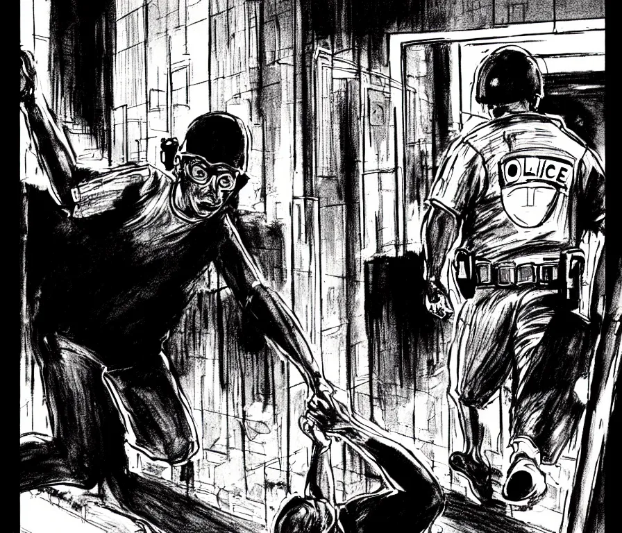 Prompt: todd solondz running from police after violent crime | vivid colors : storyboard, realistic. by gabriel hardman, joe alves, j. todd anderson, chris bonura and francis bacon. cinematic atmosphere, detailed and intricate, perfect anatomy