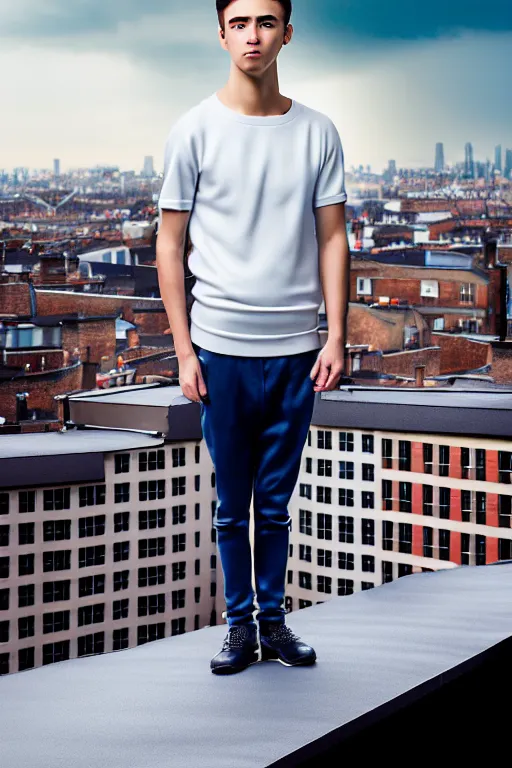 Image similar to un ultra high definition studio quality photographic art portrait of a young man standing on the rooftop of a british apartment building wearing soft padded silver pearlescent clothing. three point light. extremely detailed. golden ratio, ray tracing, volumetric light, shallow depth of field. set dressed.