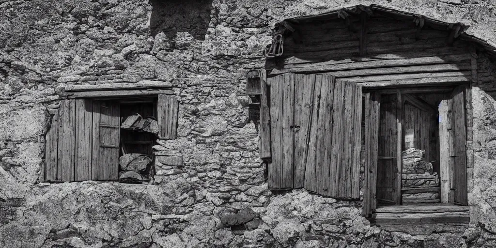 Image similar to photography of a wall with alpine farmer tools hanging down, old hut, alp, dolomites, alpine, detailed intricate insanely detailed octane render, 8k artistic 1920s photography, photorealistic, black and white, chiaroscuro, hd, by David Cronenberg, Raphael, Caravaggio