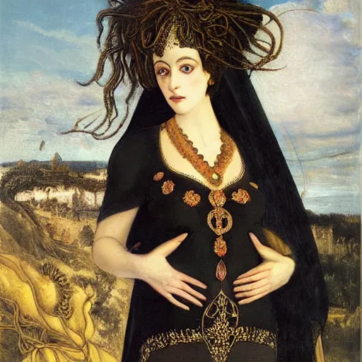 Prompt: oil painting of princess Vulvine, Hungarian, curly dark hair, fair skin, funeral veil, dark ominous by Georgia o Keeffe, by Marcel Jankowicz, by Botticelli, by Gustave Moreau, concept art, master