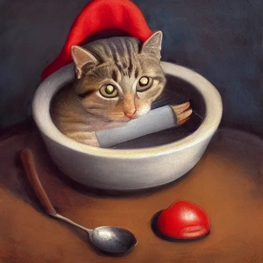 Image similar to the cat in small red hat cooks soup, drawn by Leonardo Da Vinci, oil painting, trending in Artstation, artstationHD, 4k