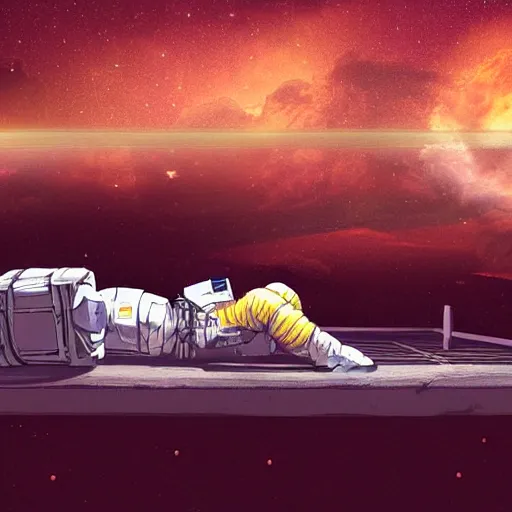 Image similar to astronaut sleeping on the turnpike highway, digital art, epic composition, highly detailed, cinematic lighting