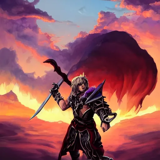 Prompt: painting of siegfried from soulcalibur!!!!!, watching a purple and orange sunset!!, from the black mage cemetery!!!, in the style of justin gerard!!!!