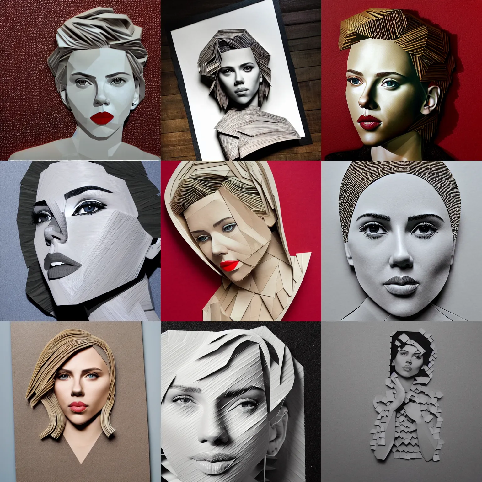 Image similar to scarlett johansson made out of cardboards, paper cut out, photorealistic, photo, product, 4 k, gallery