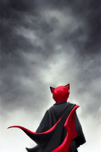 Image similar to little boy with cat ears in an black outfit with red cape. digital artwork made by lois van baarle and kentaro miura and marc simonetti, sharpness focus, inspired by hirohiko araki, anatomically correct, heroic composition, hero pose, smooth