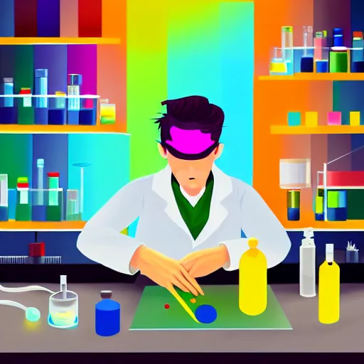 Prompt: character concept of a color scientist superhero mixing colors in his lab, detailed cinematic illustration digital art