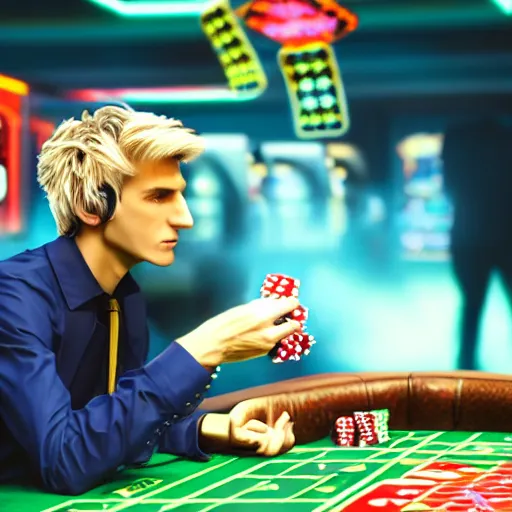 Image similar to film still of xqc gambling in Vegas, 4k, photorealism, artstation style