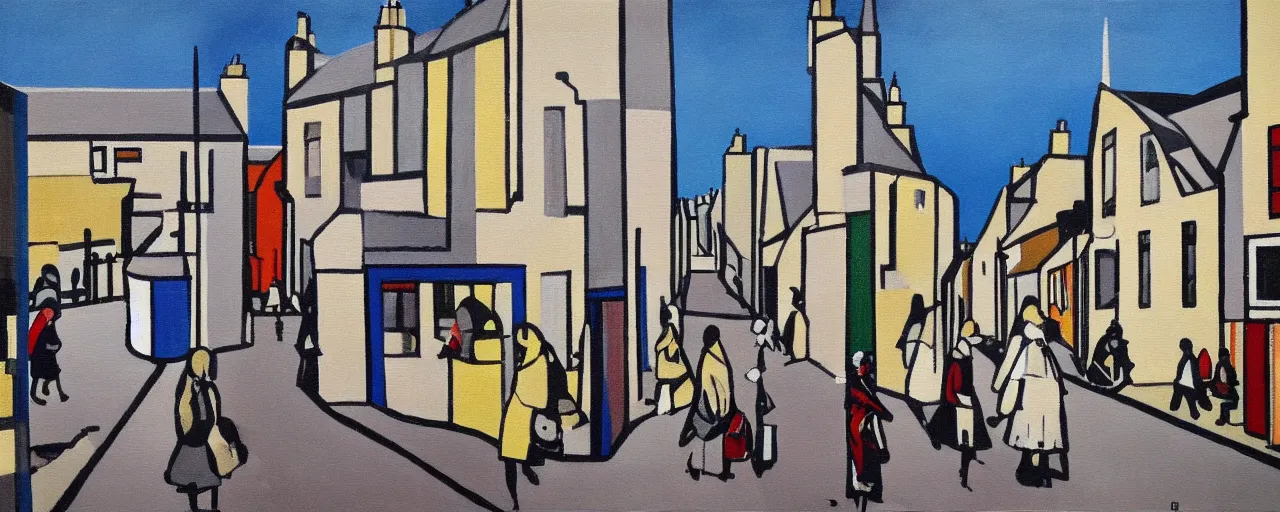 Image similar to a painting of street life in kirkwall orkney, by Bridget Riley