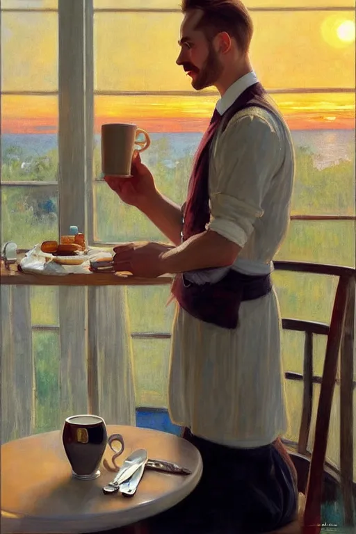 Prompt: attractive man drinking coffee, sunset, painting by carl larsson, vladimir volegov, j. c. leyendecker, tom of finland, trending on artstation