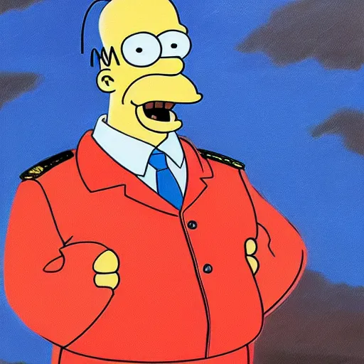 Image similar to homer simpson wearing a soviet dictator uniform ( oil painting portrait, greatly painted, 4 k, smooth painting, high detailed, and greatly illustrated )