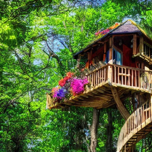 Image similar to a staircase to a treehouse covered in flowers, hd, high detail, vivid color