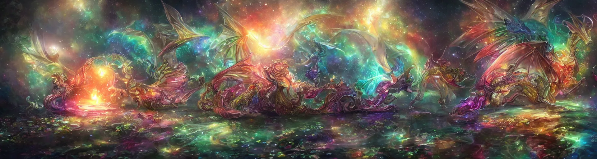 Image similar to a crystal dragon 🐉 , psychedelic, whimsical, 4k, beautiful, a crystal and flower, reflective pool, surrounded by gems, underneath the stars, rainbow fireflies, trending on patreon, deviantart, twitter, artstation, volumetric lighting, heavy contrast, art style of Greg Rutkowski and Miho Hirano and Ross Tran