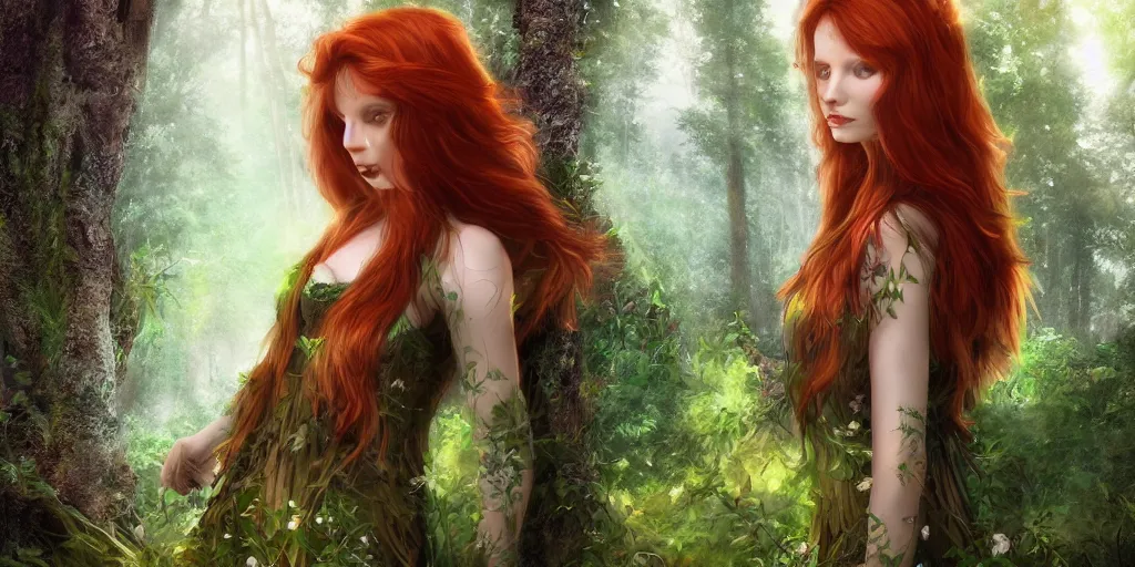 Prompt: beautiful redhead druid, forest in the background, digital art, highly detailed, 4K