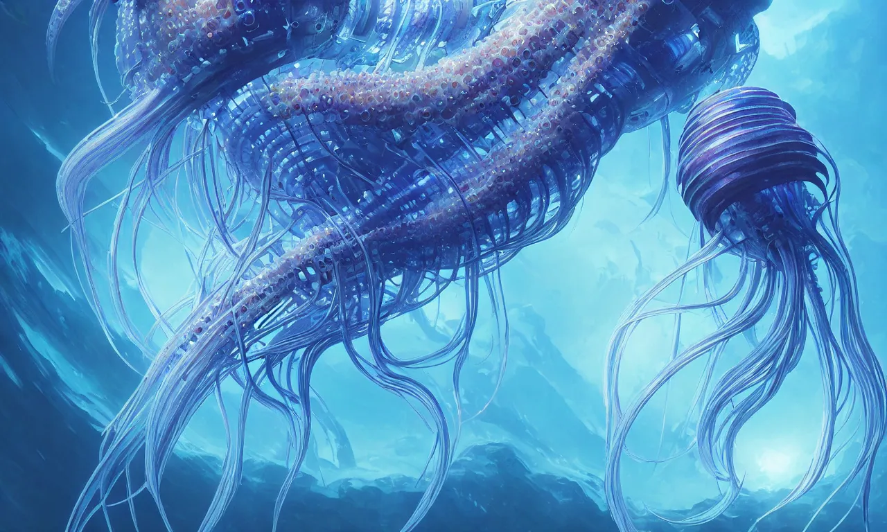 Image similar to Panorama hyper detailed painting of a cyberpunk jellyfish, blue tones, underwater, 8 mm, highly detailed, digital painting, artstation, concept art, smooth, sharp focus, illustration, art by artgerm and greg rutkowski and alphonse mucha