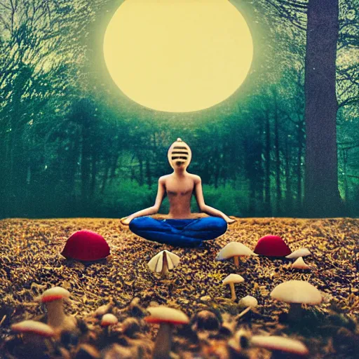 Image similar to photograph taken by a rolleiflex tlr, 1 2 0 mm, portrait, a fly agaric mushroom shaped like a human, meditating, sunset, shot by ryan mcginley, moon in sky, night time