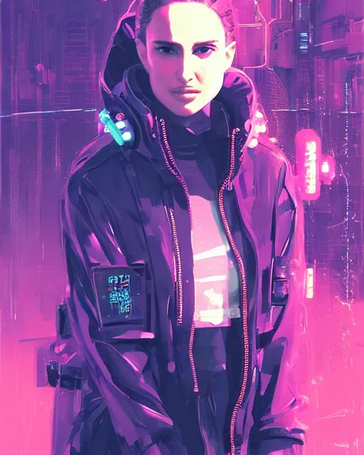 Image similar to detailed portrait Natalie Portman Neon Operator Girl, cyberpunk futuristic neon, reflective puffy coat, decorated with traditional Japanese ornaments by Ismail inceoglu dragan bibin hans thoma greg rutkowski Alexandros Pyromallis Nekro Rene Maritte Illustrated, Perfect face, fine details, realistic shaded, fine-face, pretty face