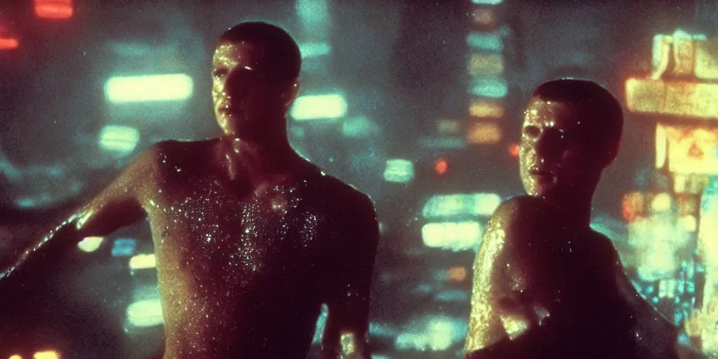 Image similar to a film still from blade runner starring Ariel the little mermaid