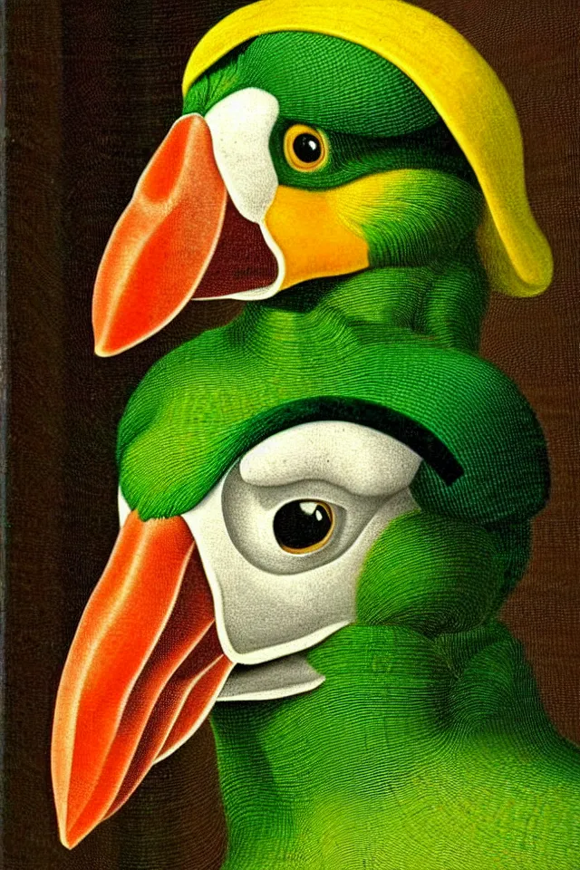 Prompt: a renaissance portrait of donald duck as a green parrot, beautiful intricate painting