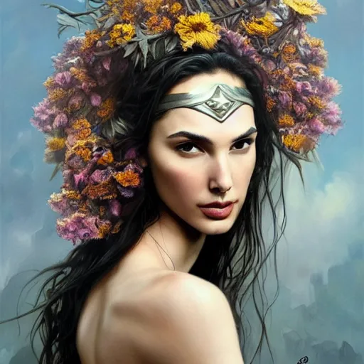 Image similar to fine art photo of the beauty goddess gal gadot, she has a crown of dried flowers, by peter mohrbacher