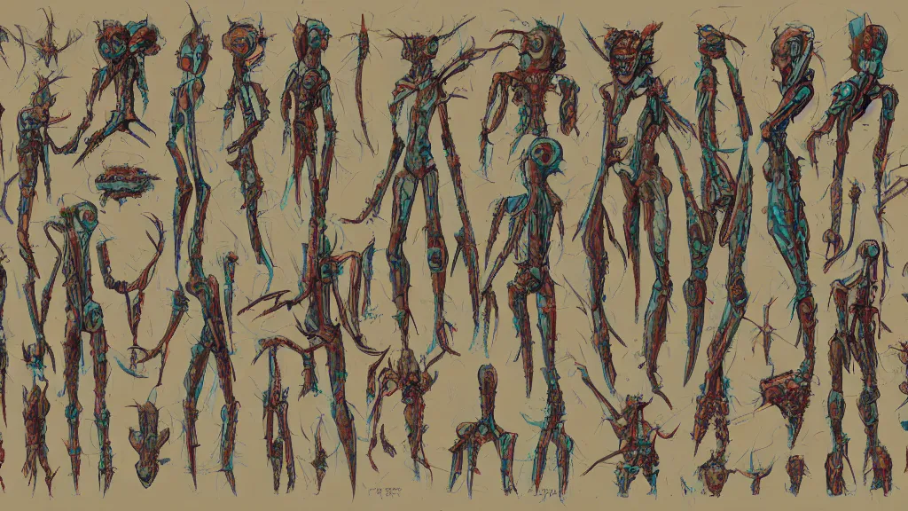 Image similar to aged paper, concept art, colorful character sheet for a male extraterrestrial cyborg multiple - eyes insect - headed warlord, retrofuture, fantastic planet, moebius, valerian, coherent, illustration, digital art, trending on artstation, hd, 8 k, good lighting, beautiful, rough paper, masterpiece